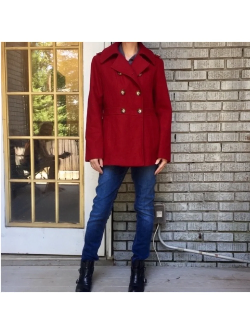 Michael Kors Wool Blend Double Breasted Burgandy Red Pea Coat with Logo Buttons